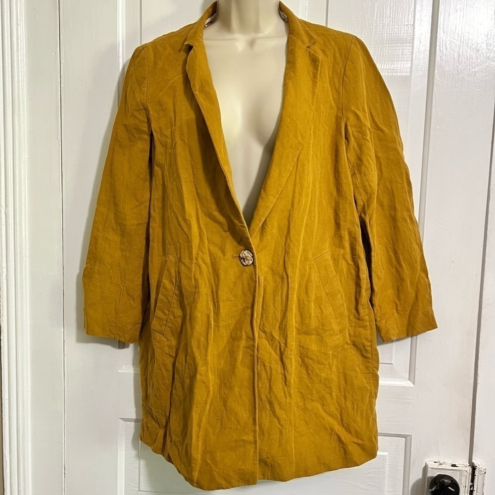 Zara 100% Cotton Longline Single Button Blazer Mustard Yellow Medium J
